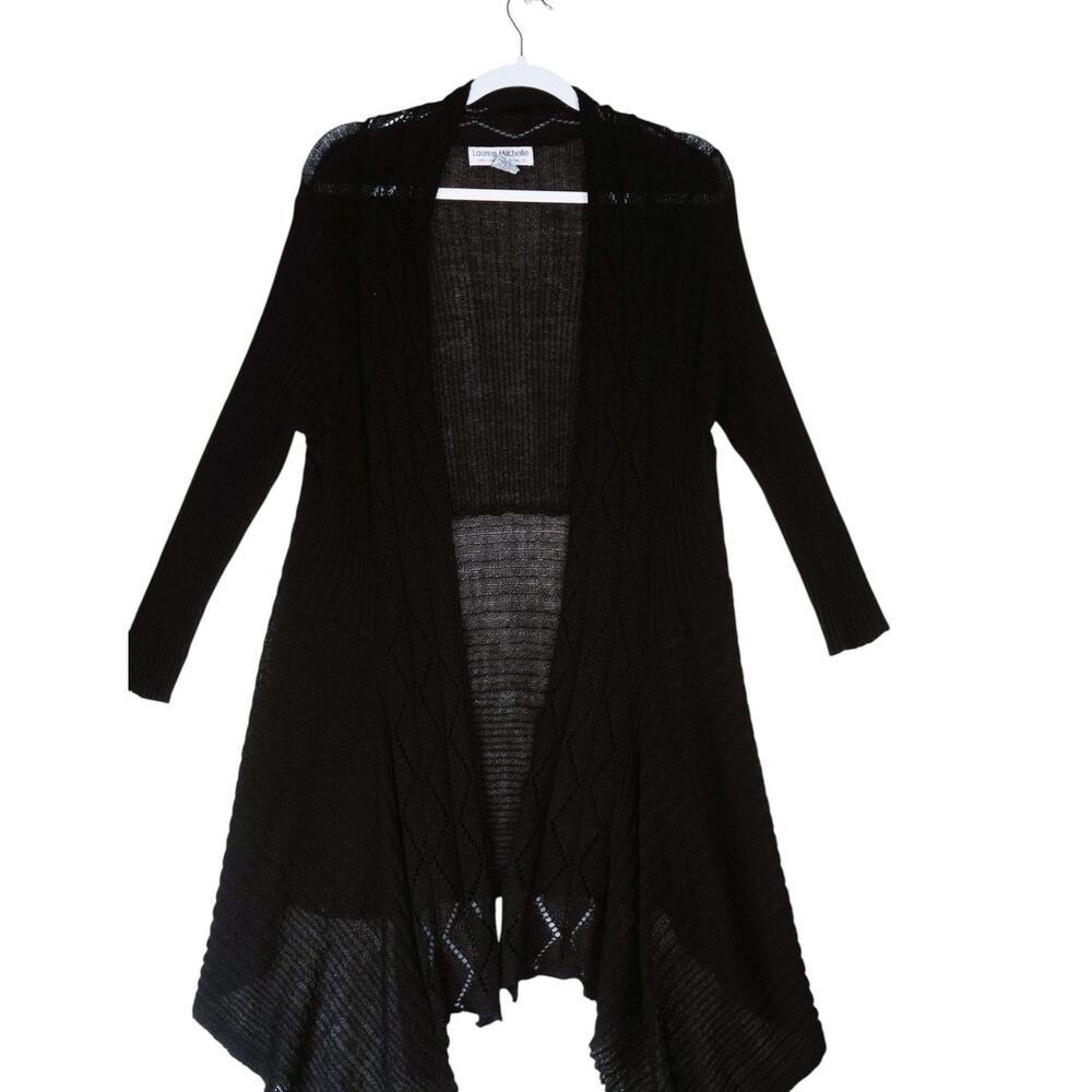 Lauren Michelle Cardigan Sweater Womens XL Black Open Knit Duster Semi Sheer - Picture 2 of 12